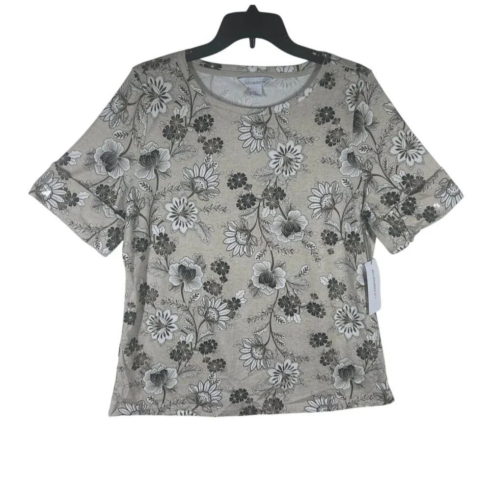 Liz‎ Claiborne Blouse Women's Large Floral Beige & Black Short Sleeve Top NEW
